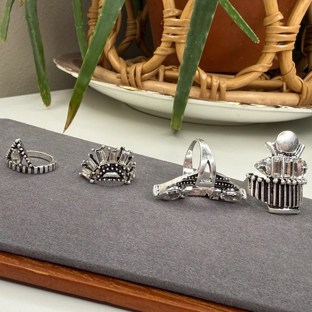 NWT Free People Rhapsody Silver Rhinestone Statement Ring Set Art Deco Stack - Picture 5 of 11